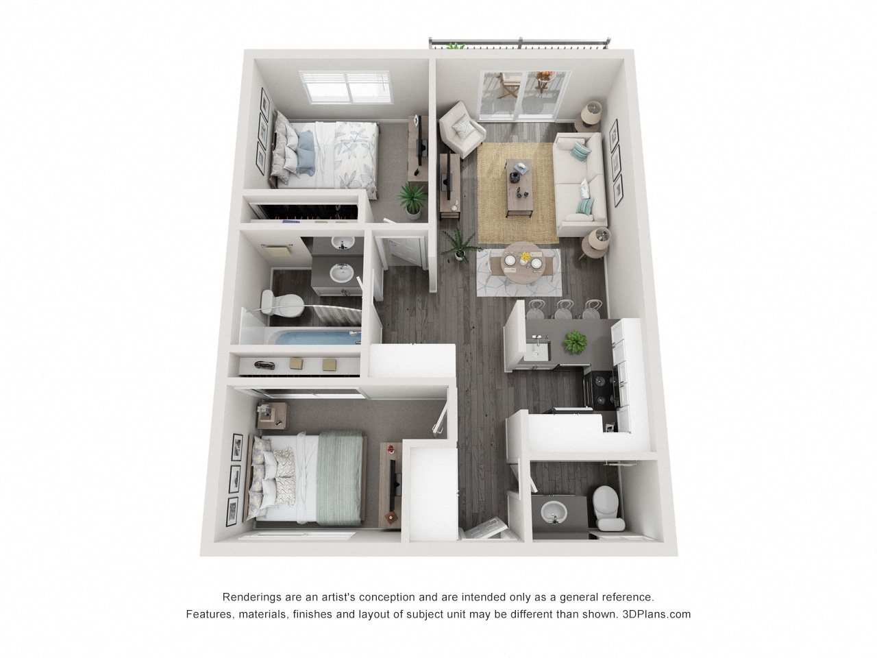 Floor plan for 2 beds, 1.5 baths, 843 sqft